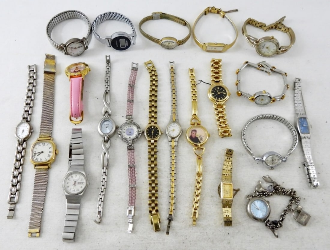 (20) MODERN & VTG FASHION WATCHES: 20 MODERN & VINTAGE FASHION LADIES WATCHES. ELVIS, BARBIE, CITIZEN, PULSAR, WALTHAM, SEIKO & MORE -NOT TESTED AS TO WORKING OR NOT!-