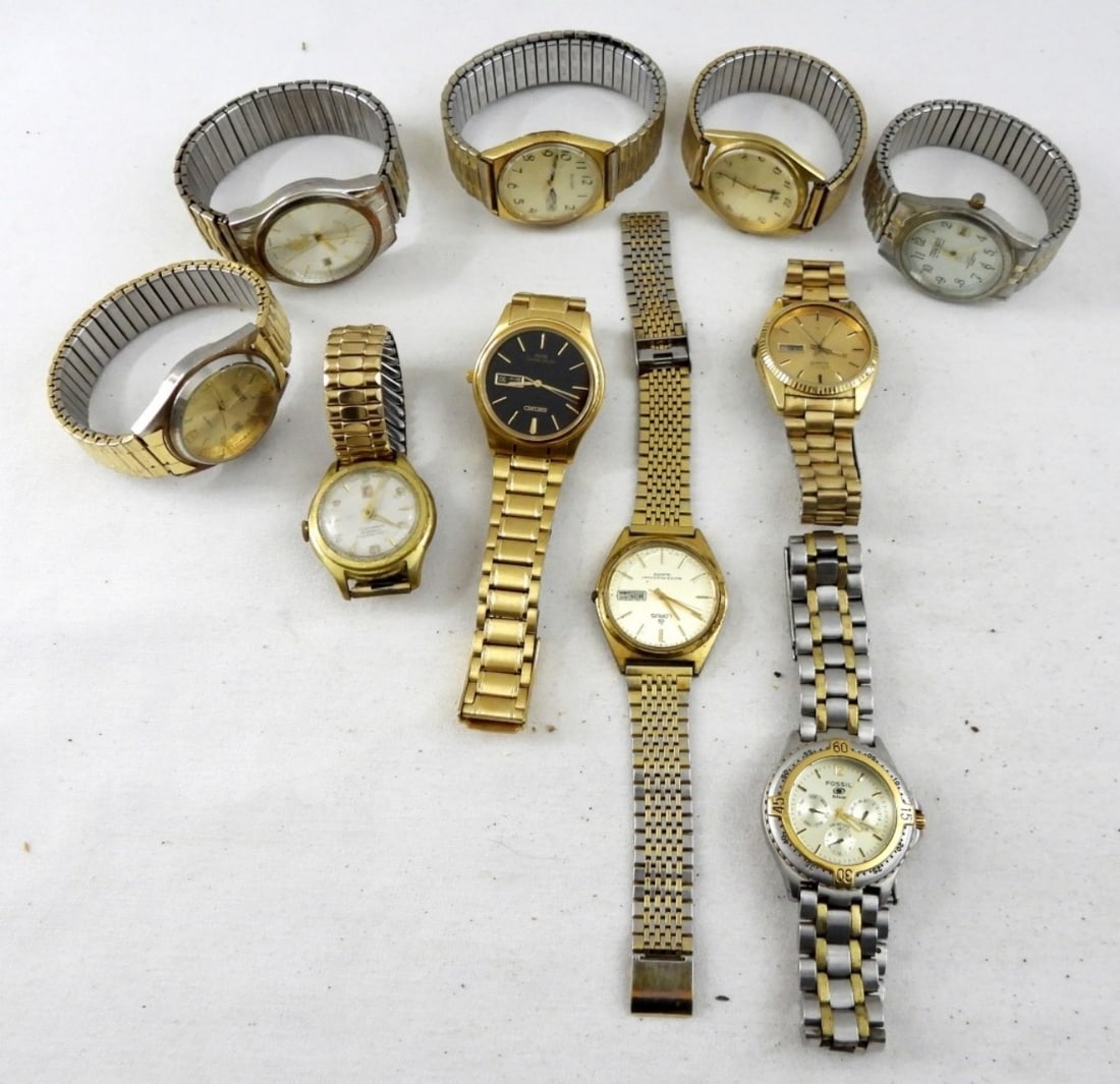 (10) MEN'S GOLD & SILVER TONE WATCHES: 10 GOLD AND SILVER TONE MEN'S WATCHES. FOSSIL, LORUS, PULSAR, SEIKO & MORE. -NOT TESTED AS TO WORKING OR NOT!-