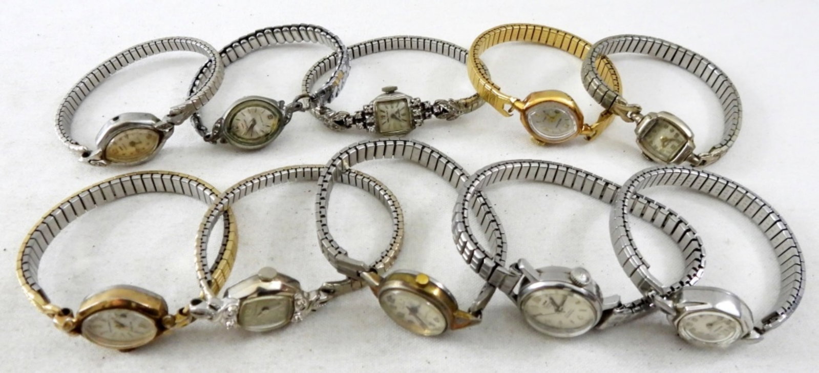 10 MIXED LADIES FASHION STRETCH WATCHES: UNTESTED, MIX OF WALTHAM AND BULOVA BRANDS