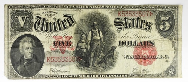 1907 $5 WOODCHOPPER LEGAL TENDER