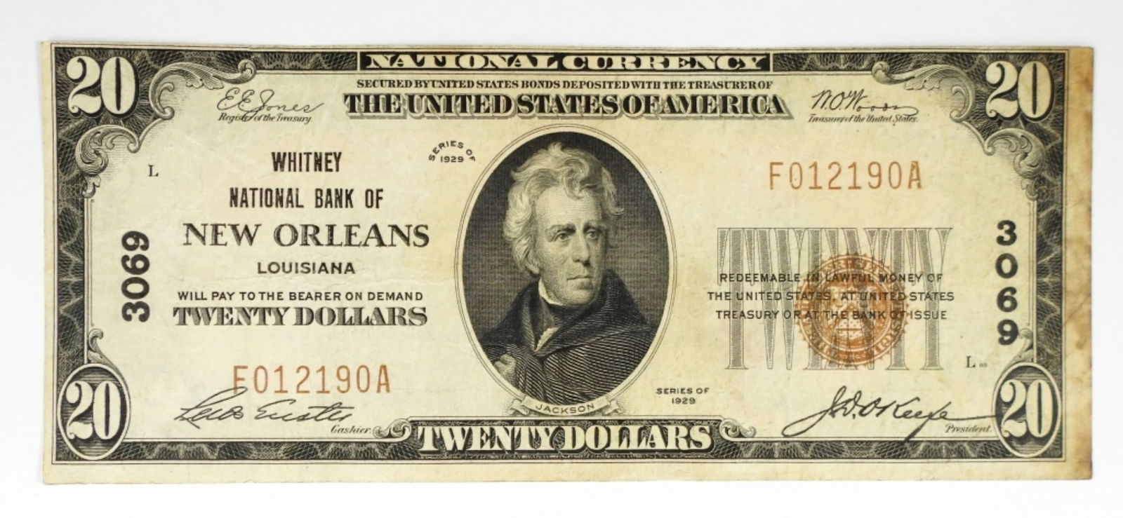 1929 $20 NATIONAL NOTE CHARTER 3069 (1 of 2)