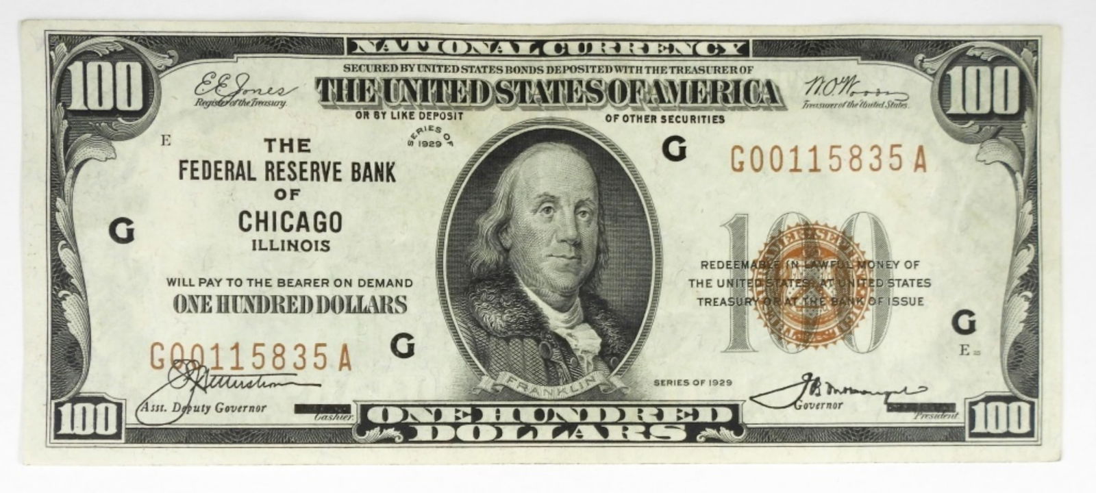 1929 $100 NATIONAL NOTE FEDERAL RESERVE BANK (1 of 2)