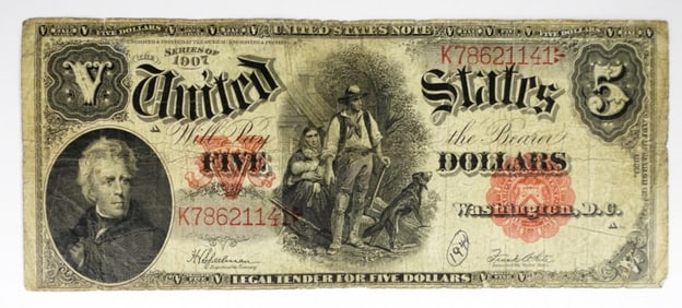 1907 $5 WOODCHOPPER LEGAL TENDER