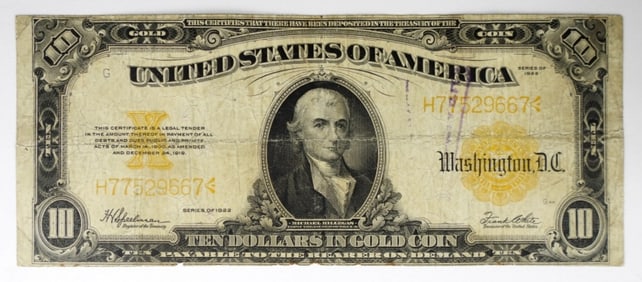 1922 $10 GOLD CERTIFICATE