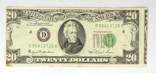 1981 $20 FRN ERROR NOTE OFFSET OBVERSE