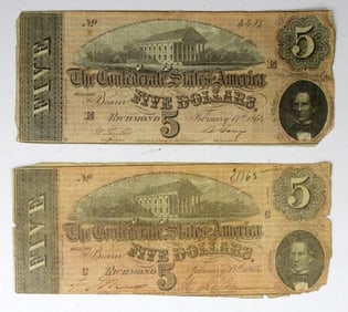 (2)1864 $5 CONFEDERATE NOTE