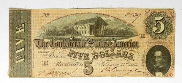 1864 $5 CONFEDERATE NOTE