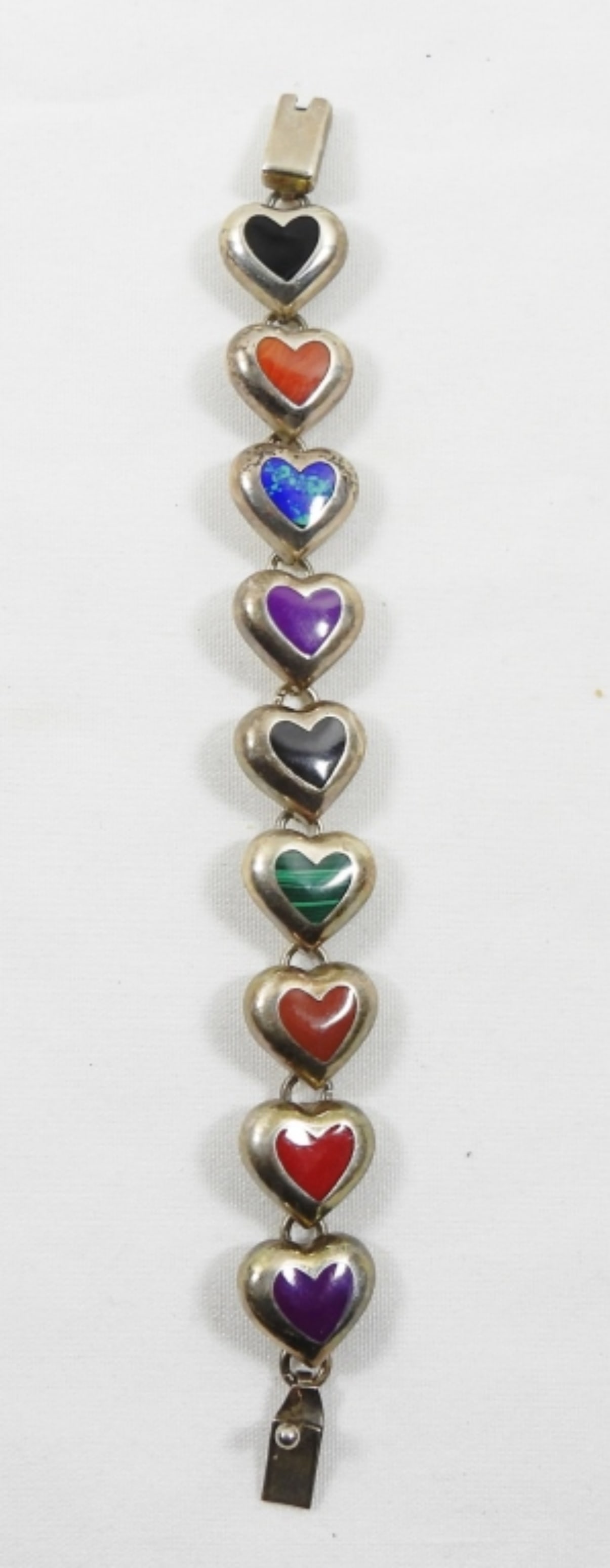 STERLING MULTICOLORED HEART BRACELET: LENGTH 8IN, 27.4 DWT