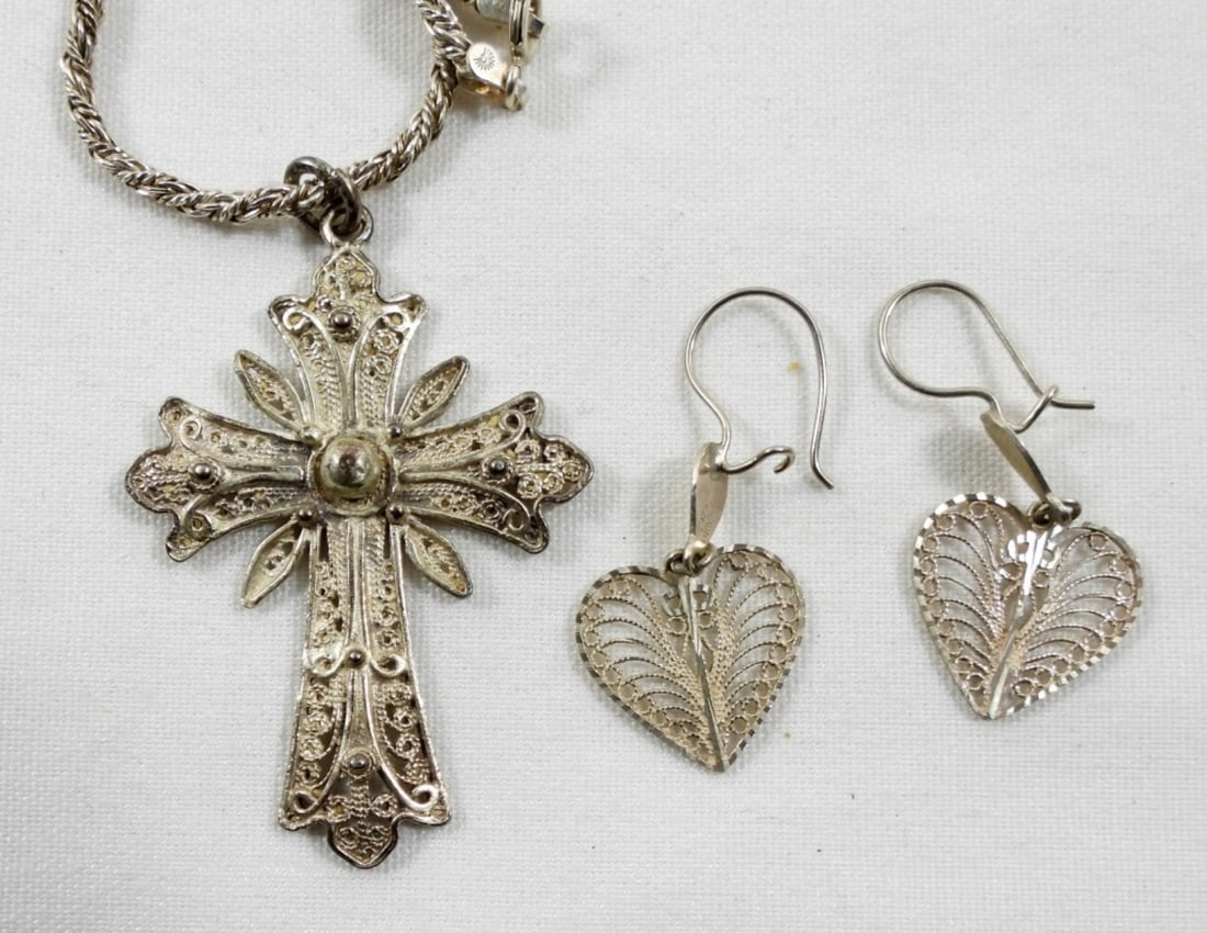 FILIGREE CROSS PENDANT 925 w/CHAIN and: FILIGREE HEART 925 EARRINGS - 22" CHAING (12 DWT)