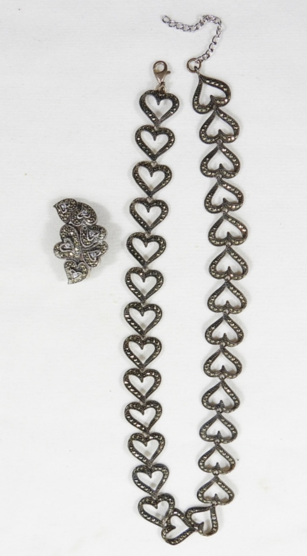 JUDITH JACK MARCASITE / CZ STERLING PIN: HEART SHAPES & HEART NECKLACE 18" (27 DWT)