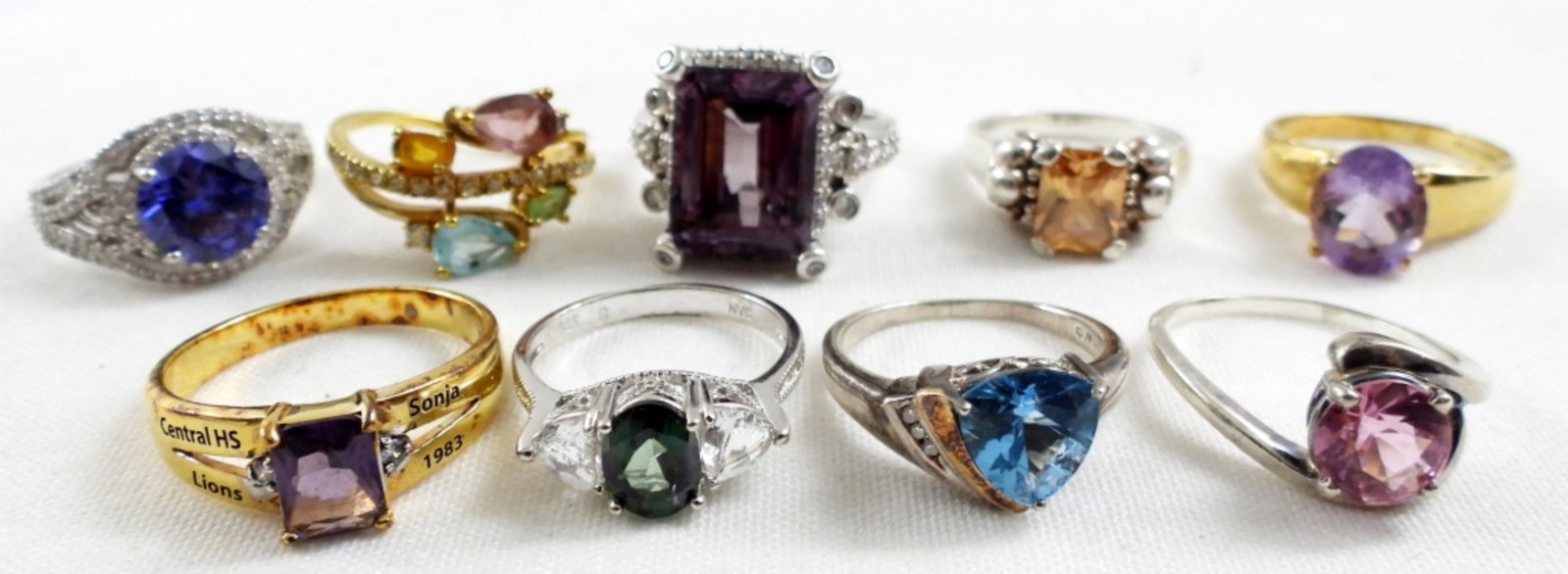 STERLING COLOR STONE RINGS: 30DWT, SIZES 8-10, ALL STAMPED 925, ALL DIFFERENT STYLES