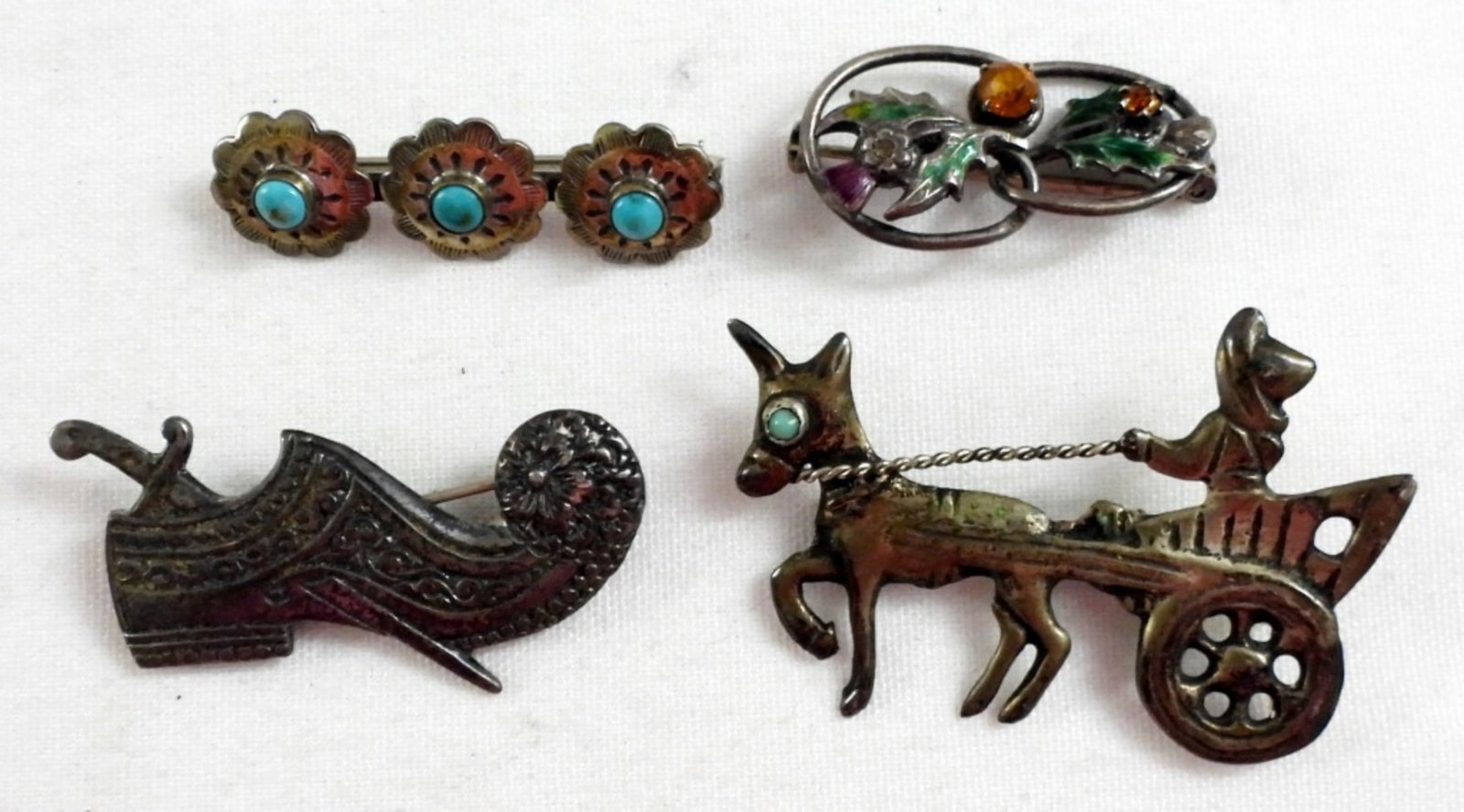 (4) VINTAGE STERLING PINS - DONKEY/CART: HOLLY, ALADAN SHOE & SOUTHWEST (16 DWT)
