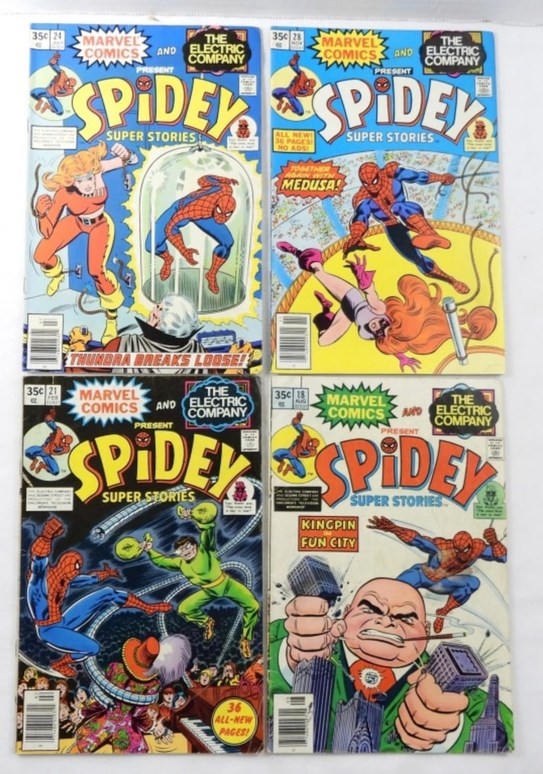 MARVEL SPIDEY SUPER STORIES #18, 21, 24, 28: 1976-1977 BRONZE AGE MARVEL SPIDEY SUPER STORIES #18, 21, 24, 28, GOOD-VERY GOOD CONDITION