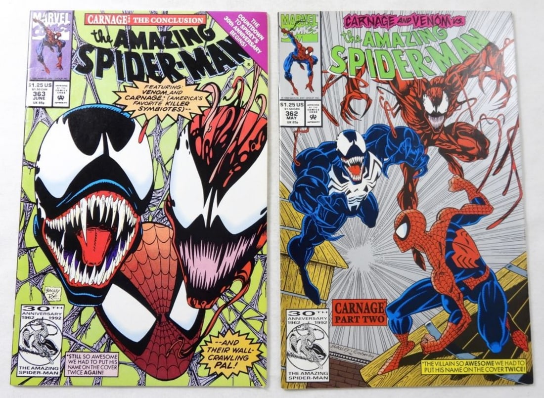 (2) MARVEL THE AMAZING SPIDER-MAN #362-363: 1992 $1.25, PART 2 (362) AND PART 3 (363), VG OR BETTER CONDITION