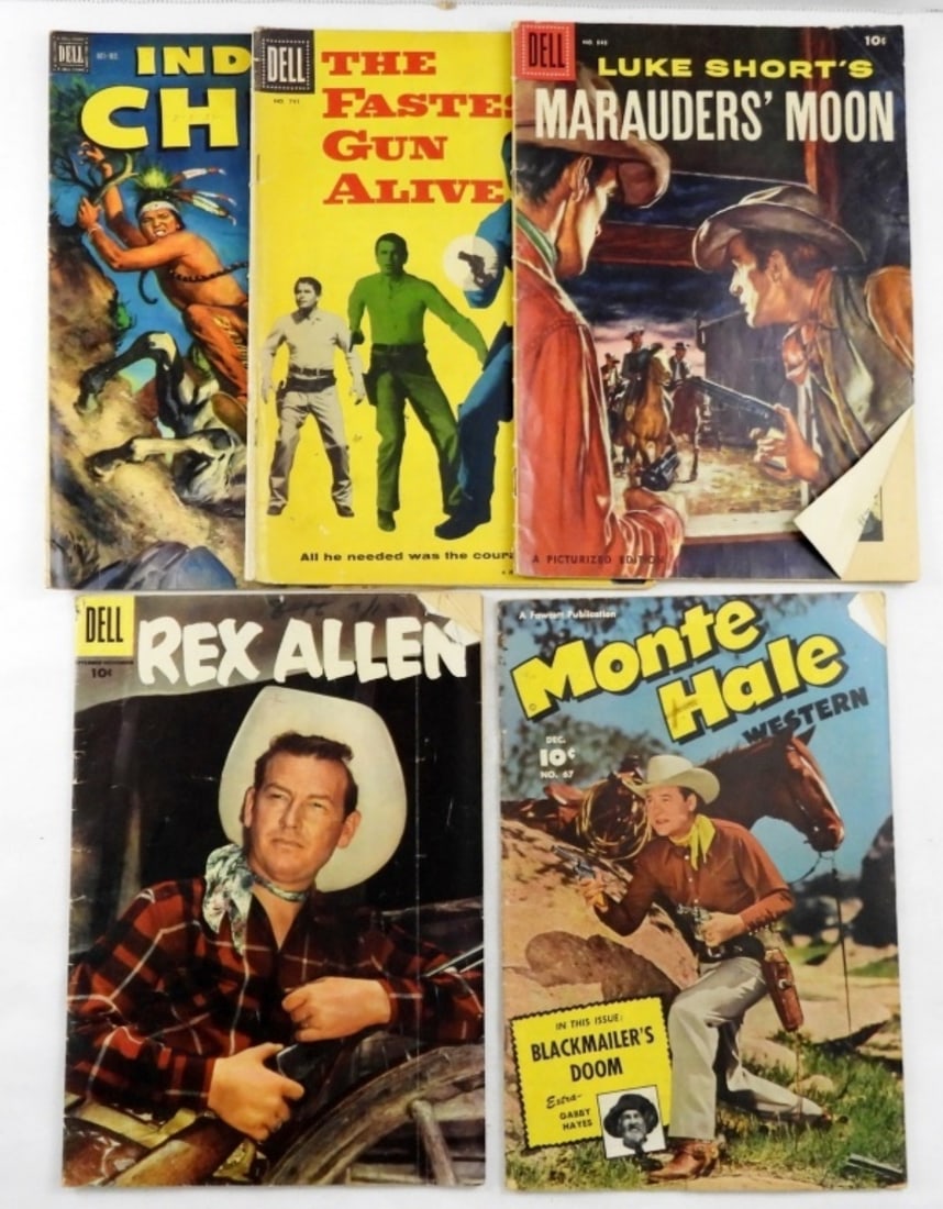 (5) DELL MIX LOT: LUKE SHORT'S MARAUDER'S MOON #848, THE FASTEST GUN ALIVE #741, INDIAN CHIEF #8, MONTE HALE WESTERN #12,REX ALLEN # 22. ALL ARE IN GOOD TO FAIR CONDITION.