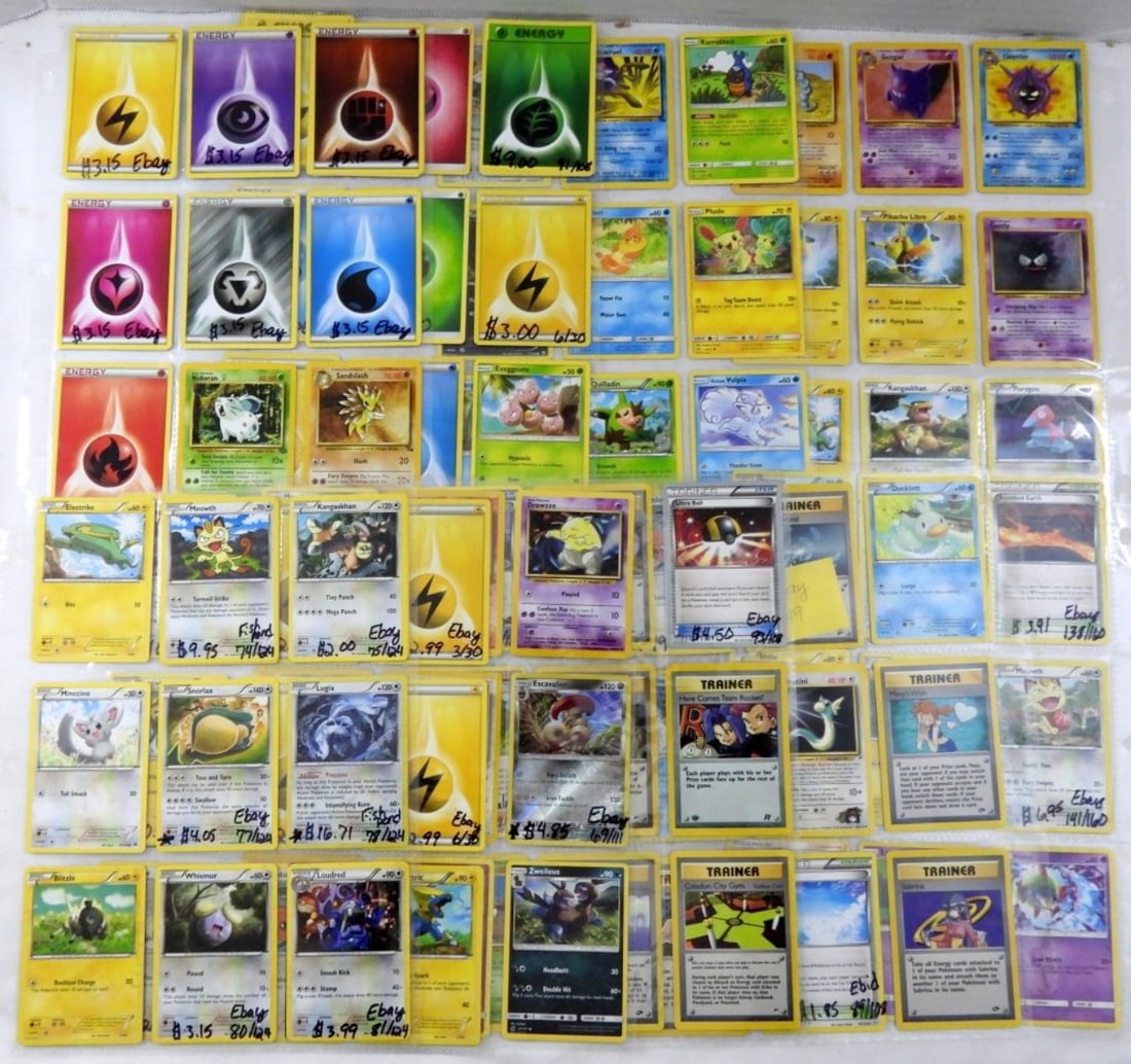 LUGIA HOLO, ENERGY CARDS, POKEMON LOT: LUGIA HOLO 78/124, ELECTVIRE 4/30, ESCAVALIER 69/111. ALL CARDS ARE IN GOOD CONDITION. (10) PAGES. (90 CARDS)