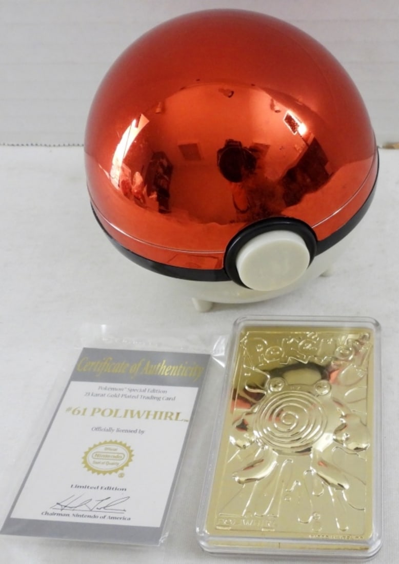 POLIWHIRL GOLD BAR CARD POKEMON BALL: 1999 POKEMON GOLD BAR #61 POLOWHIRL POKEMON BALL, SLIGHT WEAR ON POKEMON BALL, GOLD CARD AND CERTIFICATE IN ORIGINAL PACKAGING