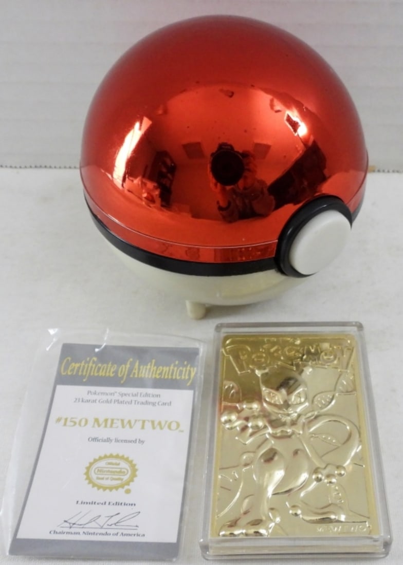 GOLD BAR CARD MEWTWO POKEMON BALL: 1999 POKEMON GOLD BAR #15O MEWTOW POKEMON BALL, SLIGHT WEAR ON POKEMON BALL, GOLD CARD AND CERTIFICATE IN ORIGINAL PACKAGING