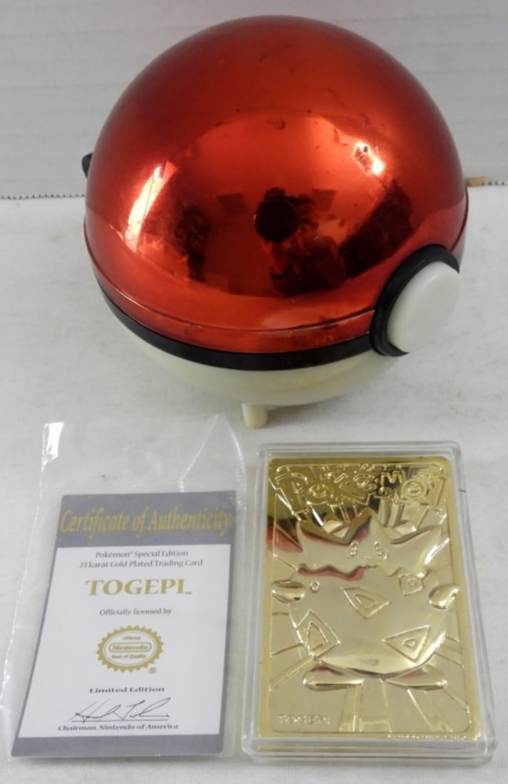 GOLD BAR CARD TOGEPI POKEMON BALL: 1999 POKEMON GOLD BAR TOGEPI POKEMON BALL, SLIGHT WEAR ON POKEMON BALL, GOLD CARD AND CERTIFICATE IN ORIGINAL PACKAGING