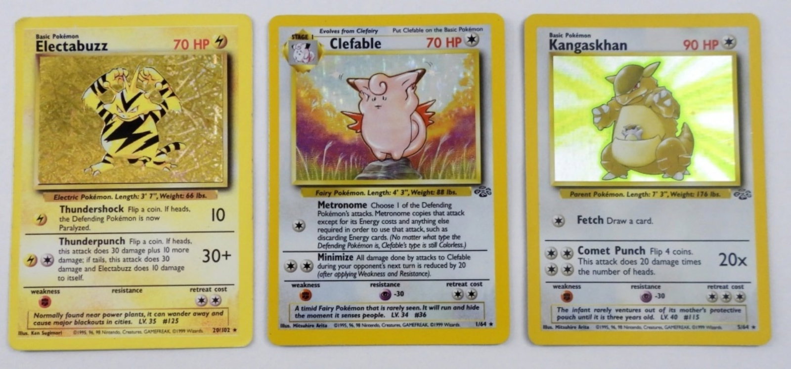 LOT 3 HOLO 1999 POKEMON CARD: 1999 ELECTABUZZ 20/102 HOLO, CLEFABLE 1/64 HOLO, KANGASKHAN 5/64 HOLO, BID NOW!