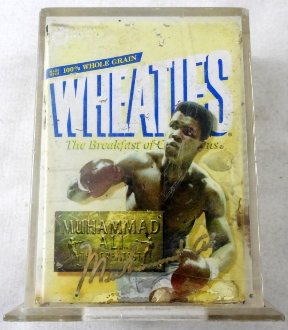 MUHAMMAD ALI SIGNED WHEATIES MINI: SIGNED with GOLD SHARPIE - MINI CEREAL BOX in CASE - SHOWS POSSIBLE MOISTURE WEAR / DAMAGE