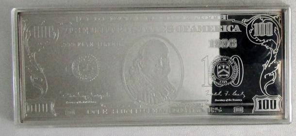 1996 .999 $ 100 DOLLAR 4 OZ  SILVER BAR