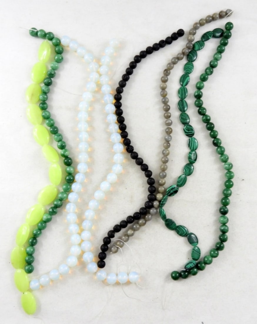 STRANDS OF NATURAL GEMSTONE BEADS: EIGHT STRANDS OF NATURAL GEMSTONE BEADS. OPALITE, LAVA ROCK, MALACHITE & MORE.