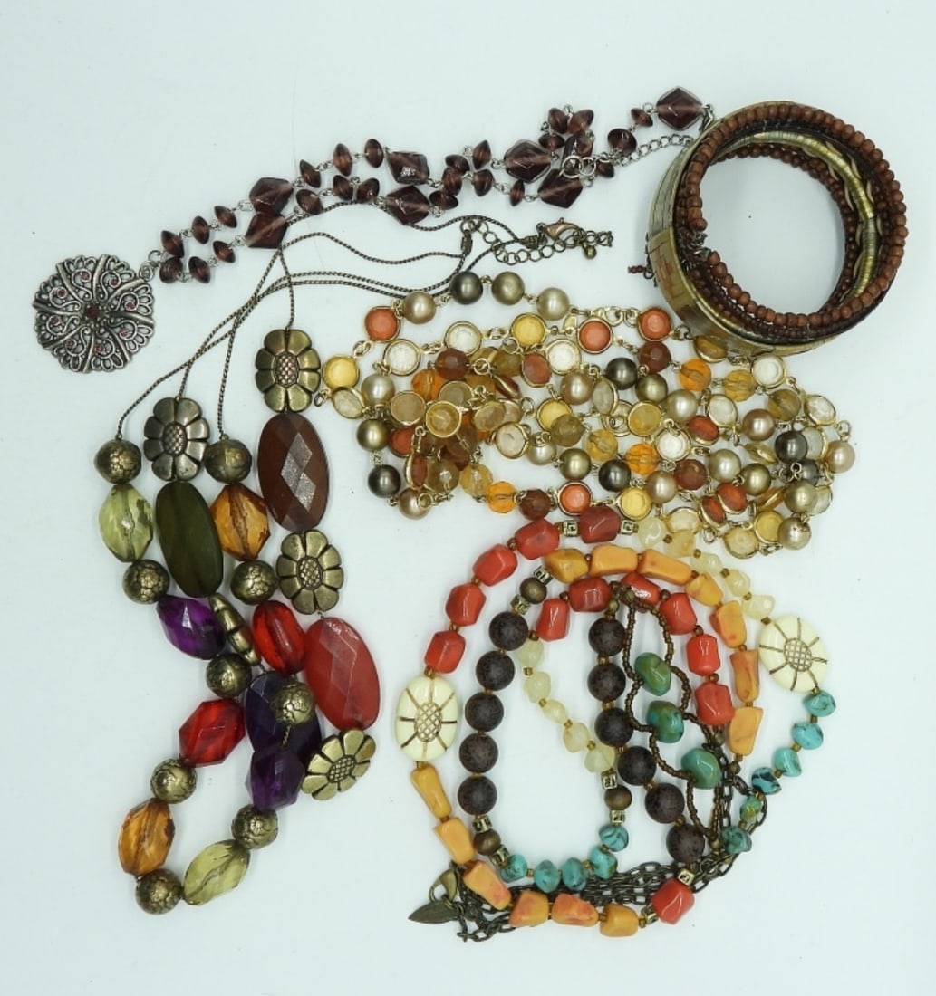 (6) BOHO NECKLACES & NECKLACES: 4 BOHO STYLE VINTAGE NECKLACES, 18", 24", 28", 60". TWO BOHO STYLE CUFF BRACELETS.