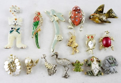 FUN MIX VINTAGE ANIMAL BROOCH LOT (15)