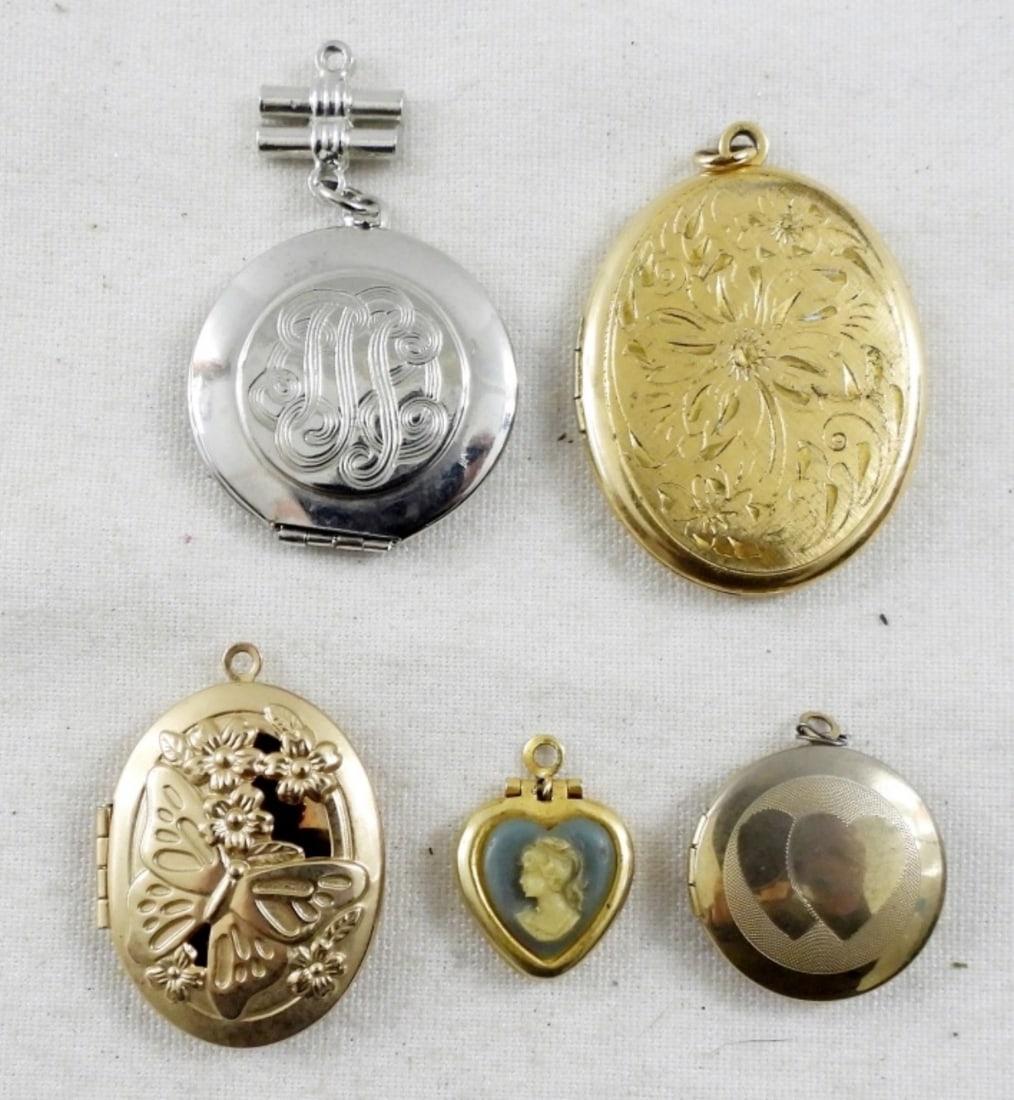 UNIQUE PENDANT LOCKETS (5): 5 MINI-SMALL SIZED LOCKETS, ALL DIFFERENT DESIGNS