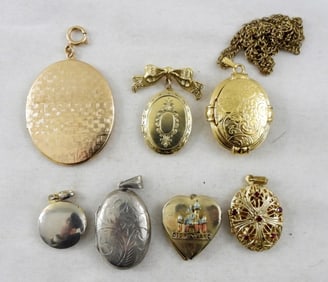 ASSORTED LOCKETS (7) PENDANTS & PIN