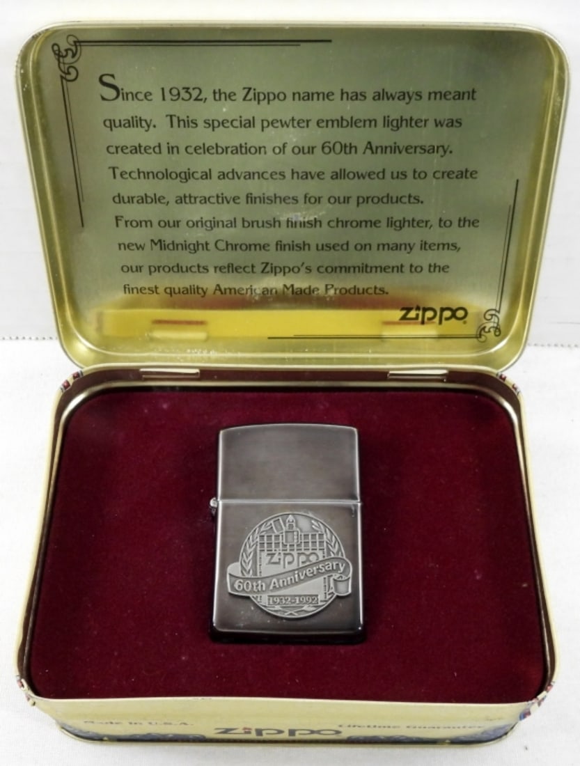 UNFIRED 60TH ANN. 1932-1992 ZIPPO LIGTHER: IN ORIGINAL BOX, UNFIRED