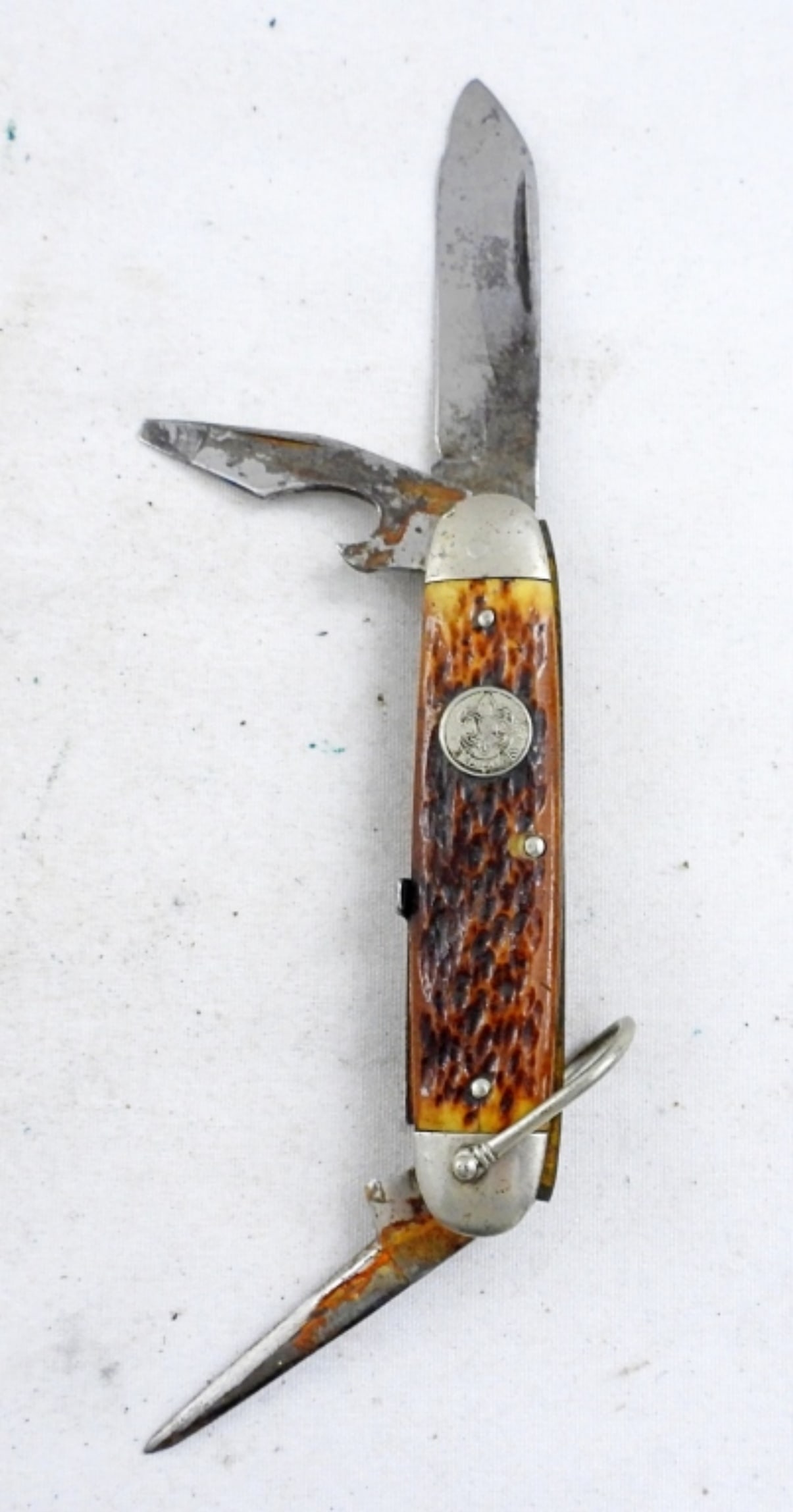 VTG REMINGTON BOY SCOUTS BONE KNIFE: 4 BLADE 1930s KNIFE