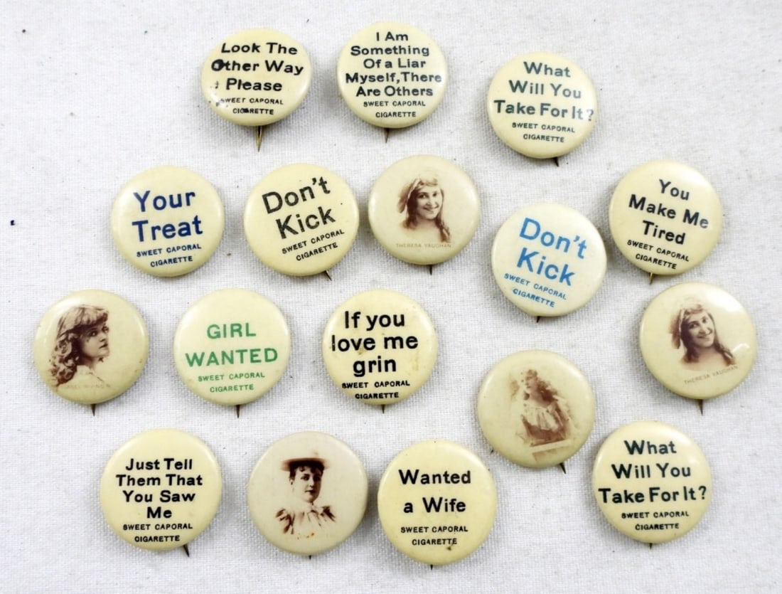 VINTAGE SWEET CAPORAL PINS (17): 17 ASSORTED VINTAGE SWEET CAPORAL CIGARETTE COMPANY PINS--WORDS, ACTRESSES