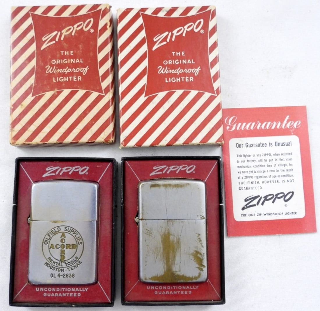 (2)1955 ZIPPO-PAT#2917191- OILFIELD: 1955 OILFIELD SUPPLIES - ACORD- RENTAL TOOLS, HOUSTON, TC- OL 4-2636, PAT # 2917191 , INSERT MATCHES, FIRED, BOX DOES HAVE DAMAGE. ZIPPO PAT 2032695, INSERT DOES NOT MATCH. FIRED, BOX DOES HAVE DAMAGE