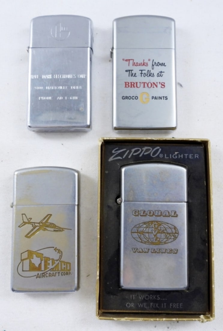 (4) SLIM ZIPPOS -TEMCO, GLOBAL, HALL-MARK (1 of 4)