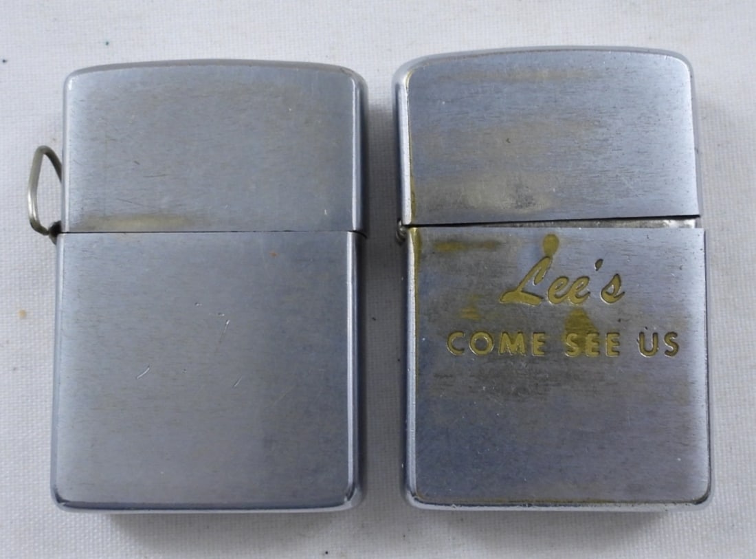 (2) VTG ZIPPOS: VTG- 1959 LEE'S COME SEE US ZIPPO, FIRED. 1974 ZIPPO, FIRED.