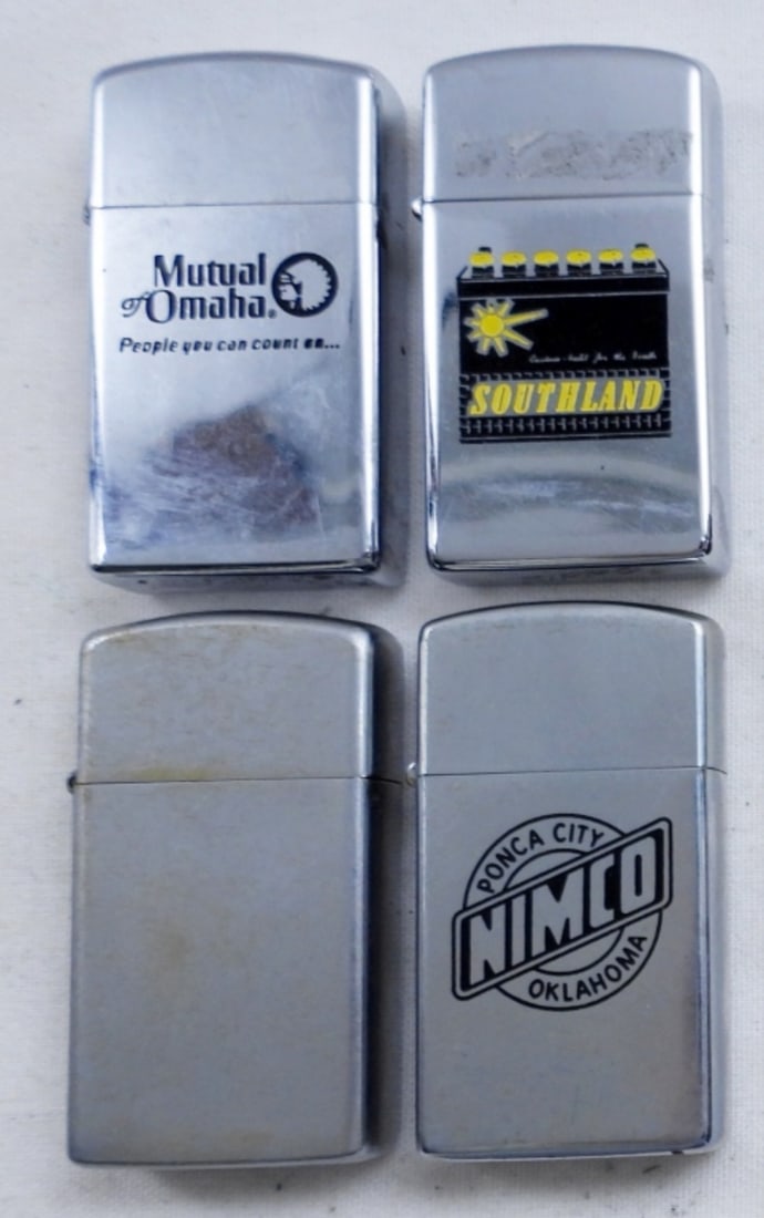 (4) ZIPPO SLIM'S LOT: 1965- SOUTHLAND ZIPPO, FIRED. 1936 PONCA CITY- NIMCO- OKLAHOMA SLIM ZIPPO, FIRED. 1971 SLIM ZIPPO- FIRED. 1976 MUTUAL OF OMAHA "PEOPLE YOU CAN TRUST", FIRED.