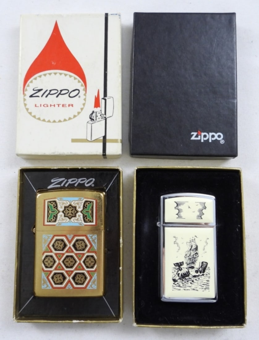 1991 SCRIMSHAW & 1990 TOLEDO ZIPPO: VINTAGE 1991 SCRIMSHAW WHALE SLIM ZIPPO, SEALED, COMES IN ZIPPO BOX. 1990 TOLEDO OCTASTAR ZIPPO, DESIGN ON BOTH SIDES UNFIRED, COMES IN ZIPPO BOX.