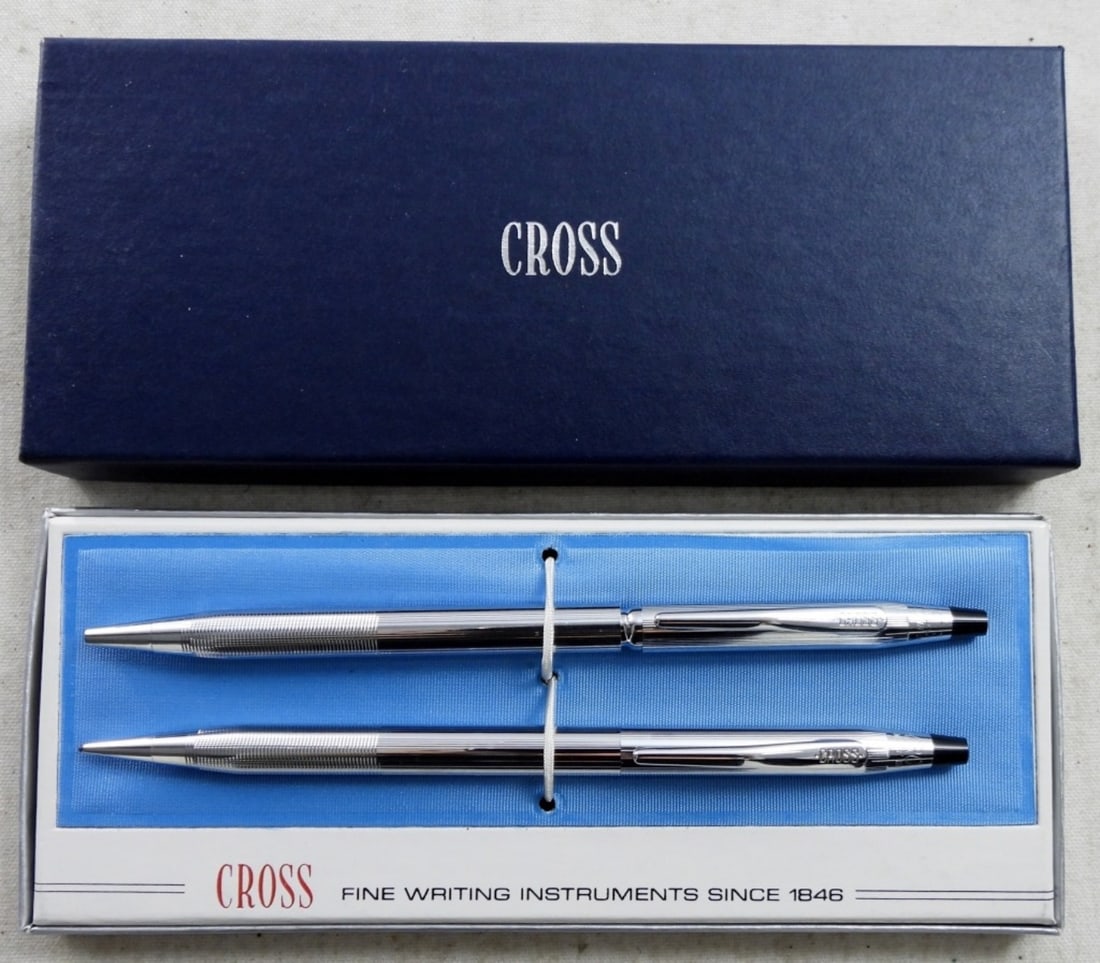 CROSS BALL PEN AND PENCIL SET CHROME: CHROME 3501, PEN DOES NEED REPAIR WITH THE TWIST, STILL IN ORIGINAL BOX