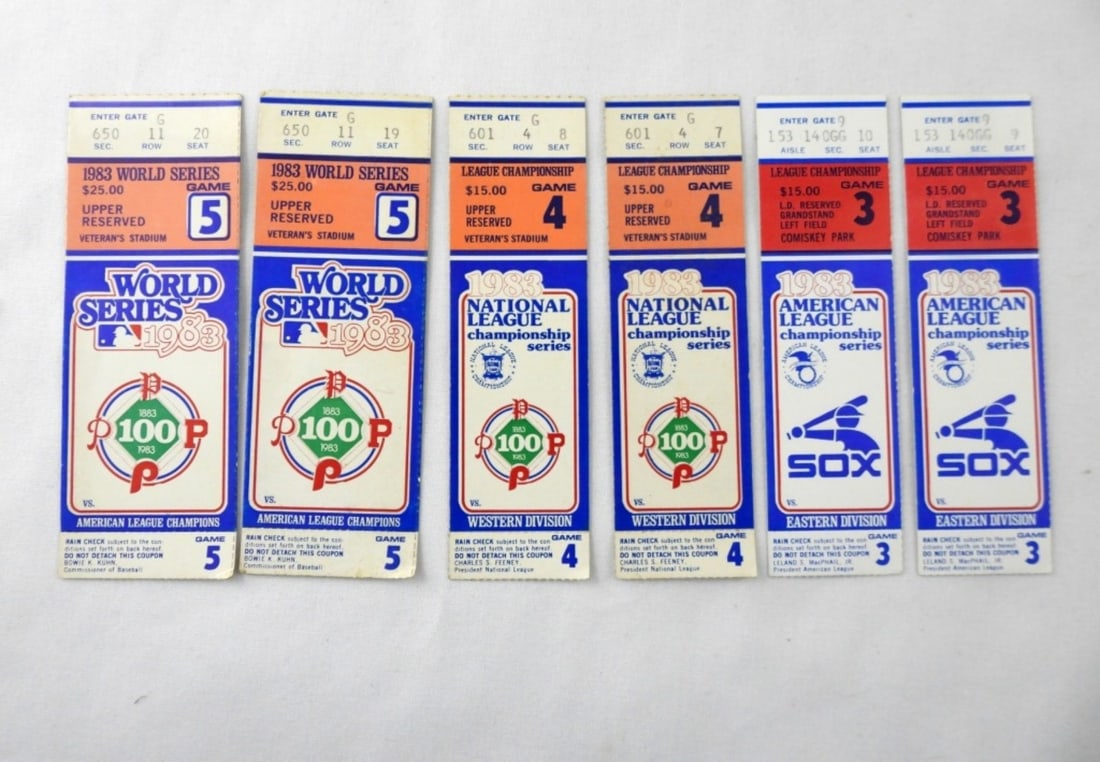(6) 1983 BASEBALL CHAMPIONSHIP TICKETS: (2) AMERICAN LEAGUE GAME 3 (2) NATIONAL LEAGUE GAME 4 (2) WORLD SERIES GAME 5