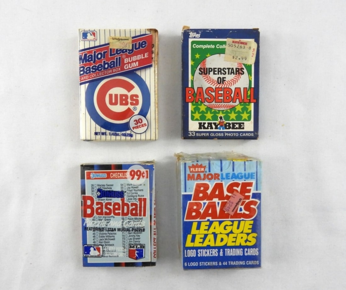(4) BOXES OF BASEBALL CARDS MIX LOT: 1988- FLEER MAJOR LEAGUES BASE BALL LEAGUE LEADER LOGO STICKERS & TRADING CARDS- 6 STICKERS & 44 TRADING CARDS- BOX IN WRAPPING STILL FROM THE STORE NEVER OPENED. 1990 MAJOR LEAGUE BASEBALL CARD COLLE
