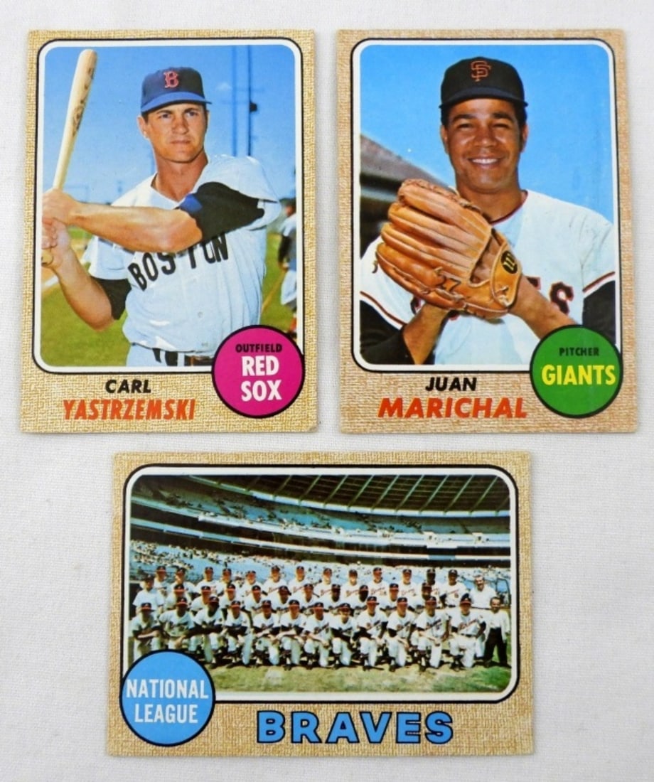 1968 TOPPS CARDS #250 205 221-YASTRZEMSKI: 1968 TOPPS CARDS- #250 CARL YASTRZEMSKI VGEX, #205 JUAN MARICHAL VGEX, #221 BRAVES VGEX. NO CREASES.