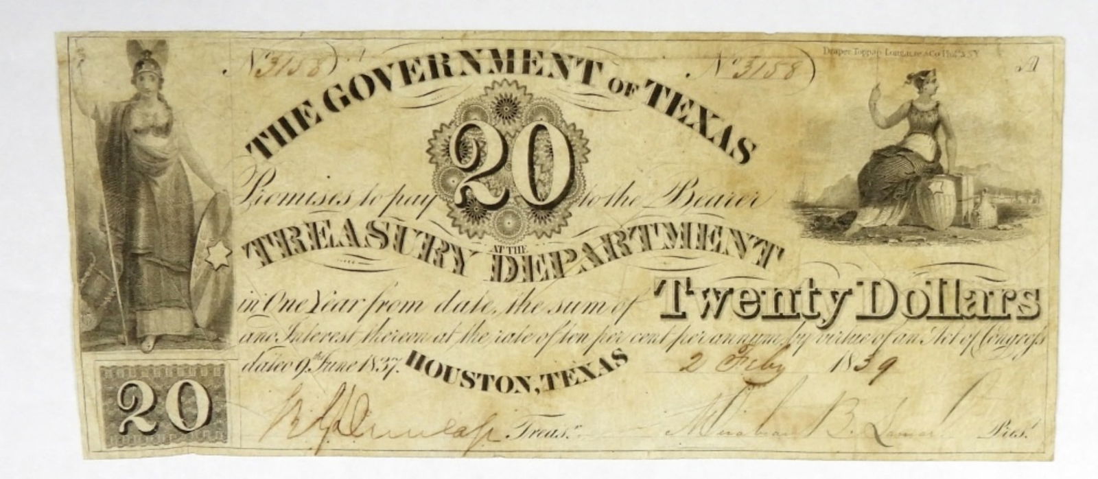 1839 20$ GOVERNMENT OF TEXAS TREASURY NOTE (1 of 2)