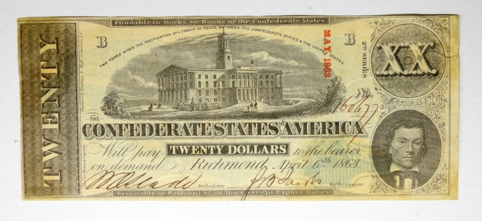 1863 $20 TEAR CONFEDERATE STATES OF AMERICA: 1863 $20 TEAR CONFEDERATE STATES OF AMERICA