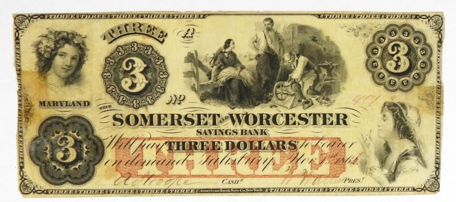 SOMERSET and WORCESTER, MA $3 NOTE (1 of 2)