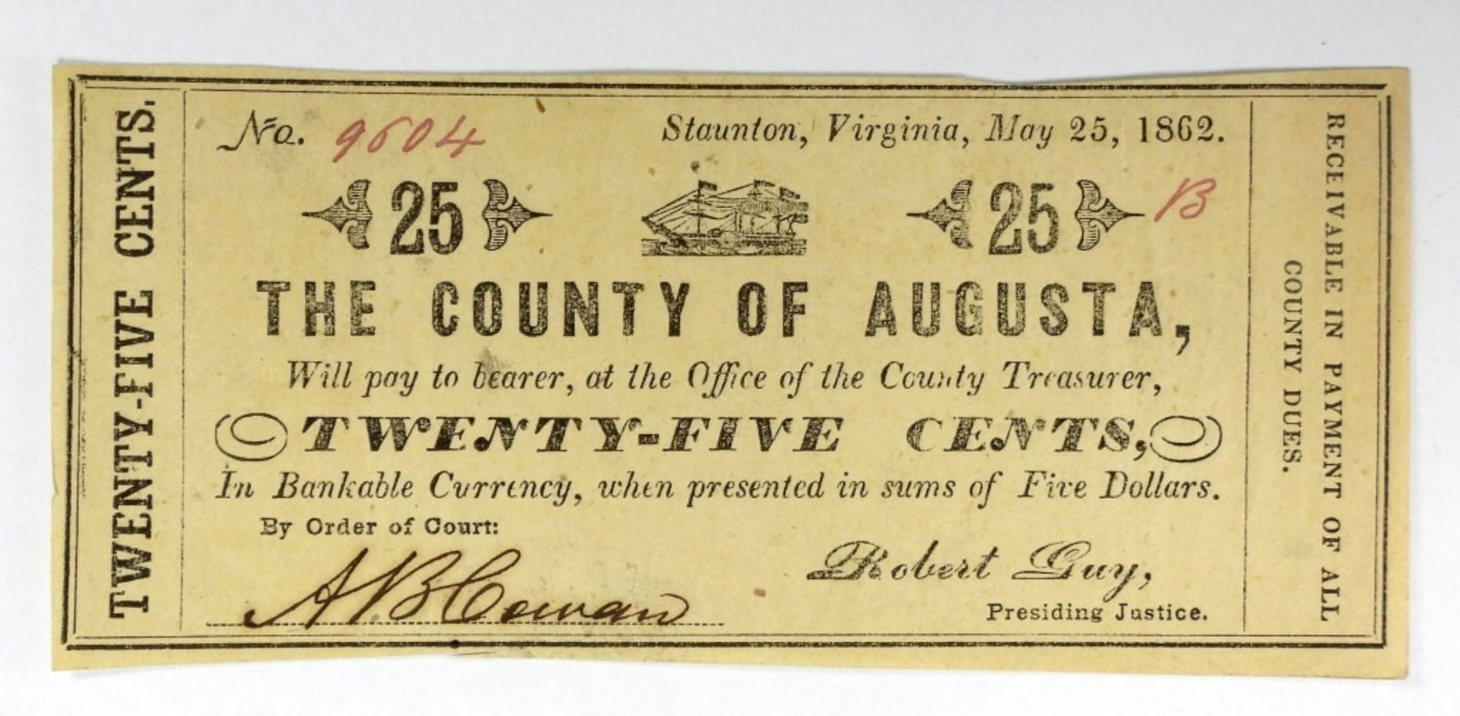 1862 25c  COUNTY OF AUGUSTA  VIRGINIA OBSOLETE (1 of 2)