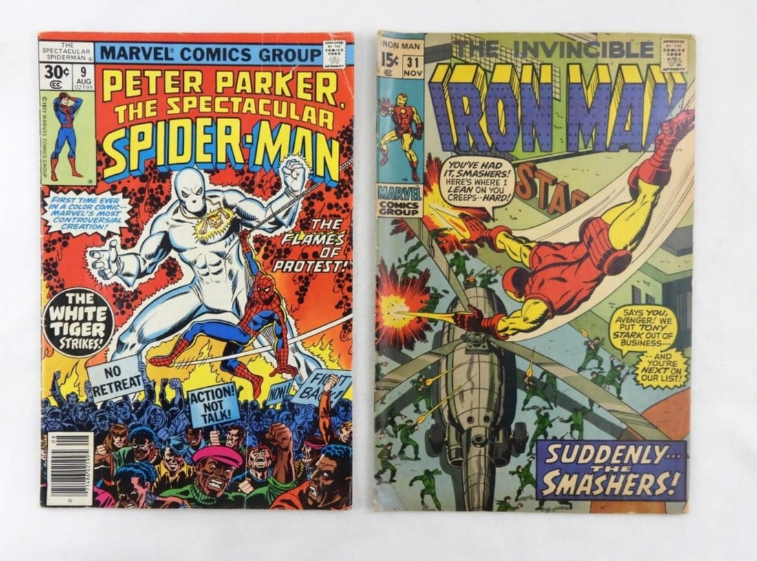 1970-1977-MARVEL- BRONZE AGE- 1970-1977: MARVEL COMICS- THE INVICIBLE IRON MAN VOL. 1, NO. 31, NOVEMBER 1970- IN FAIR TO GOOD CONDITION DOES SHOW SOME WEAR. PREOWNED. PETER PARKER, THE SPECTACULAR SPIDER-MAN VOL, NO. 9, AUG 1977- IN FAIR TO 