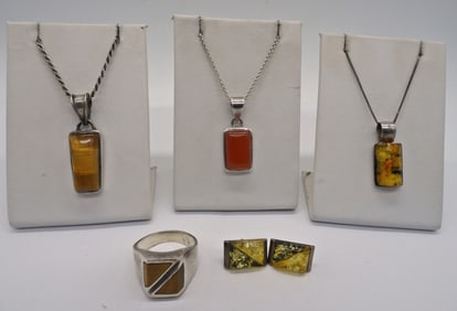 TIGERS EYE, AMBER & MORE STERLING SET