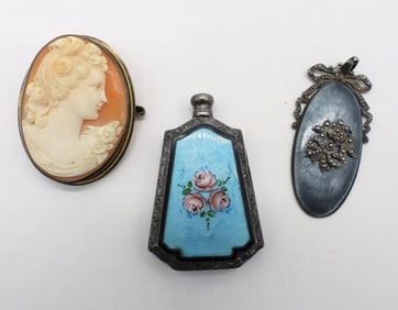 VTG 925 CAMEO, PERFUME BOTTLE & PENDANT